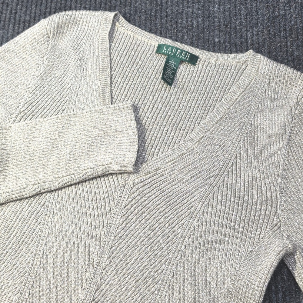 Lauren Ralph Lauren Sweater Womens L Gold Excellent Metallic Ribbed V-Neck Knit